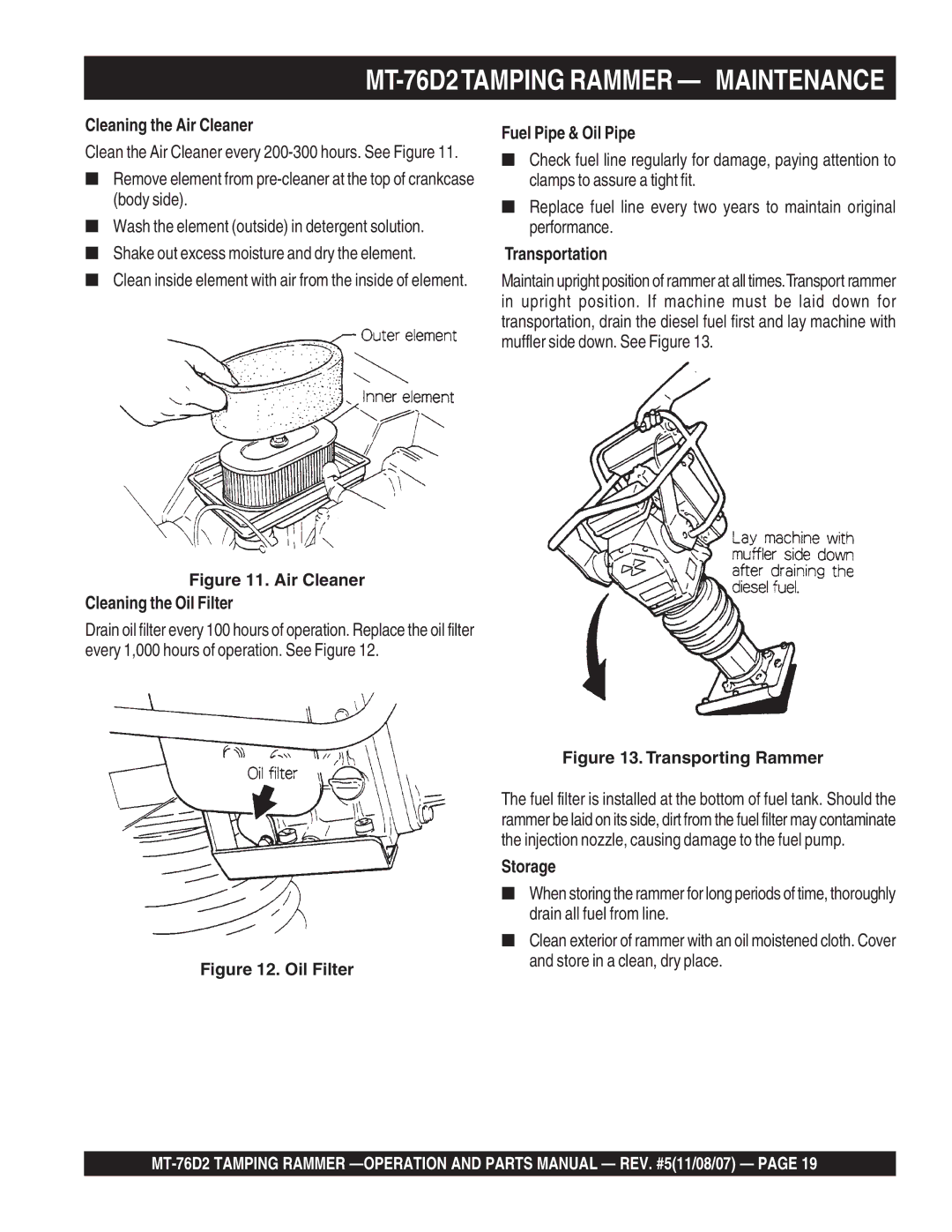 Multiquip manual MT-76D2TAMPING Rammer Maintenance, Cleaning the Air Cleaner, Transportation, Storage 