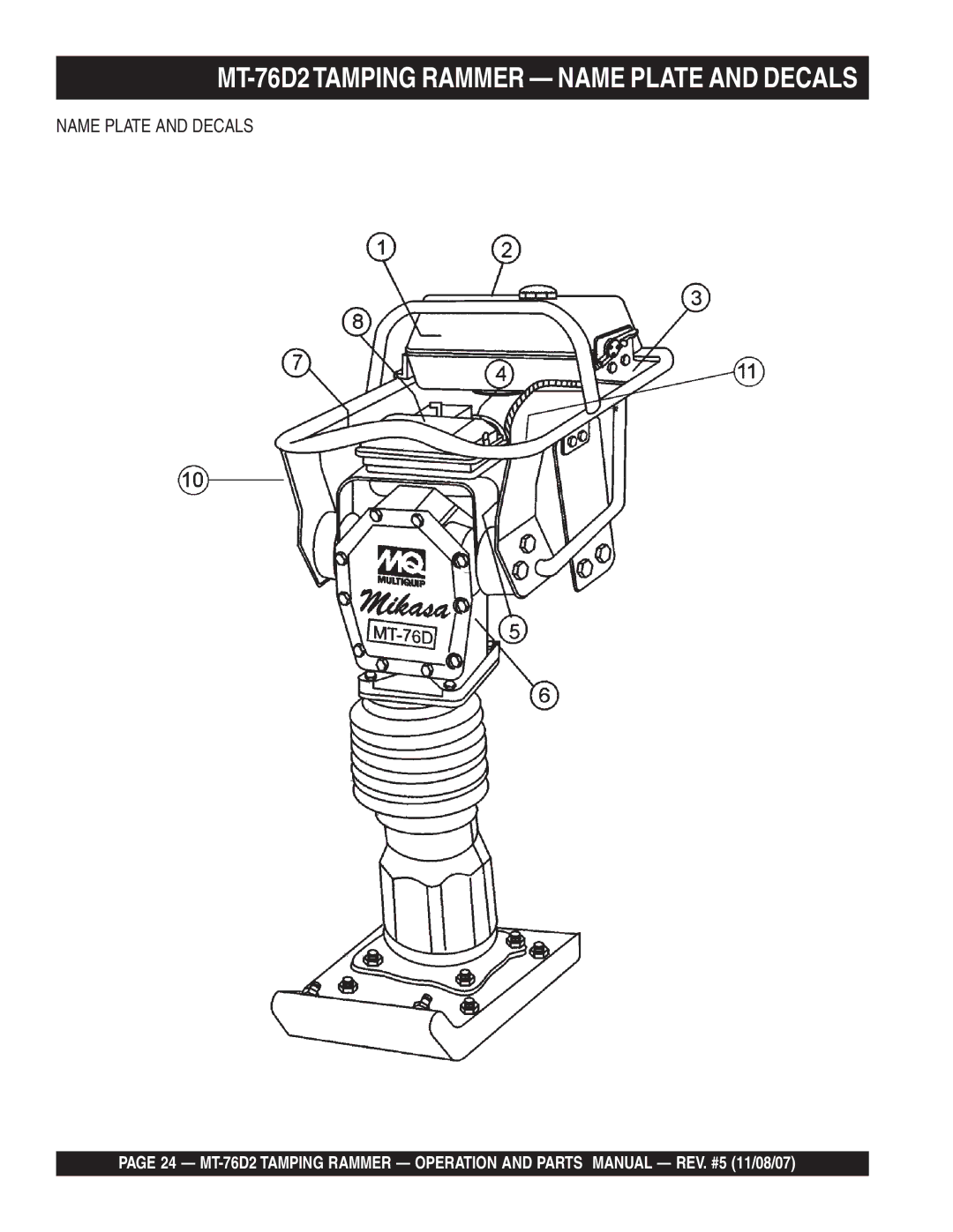 Multiquip manual MT-76D2TAMPING Rammer Name Plate and Decals 