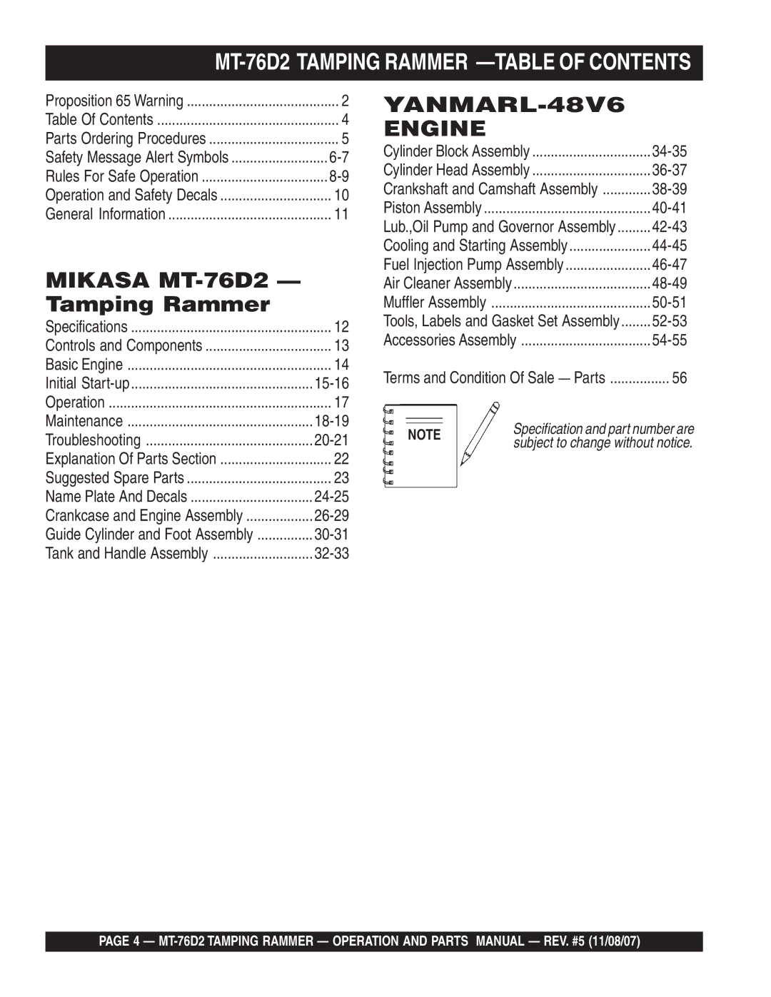 Multiquip manual Mikasa MT-76D2, MT-76D2 Tamping Rammer -TABLE of Contents 