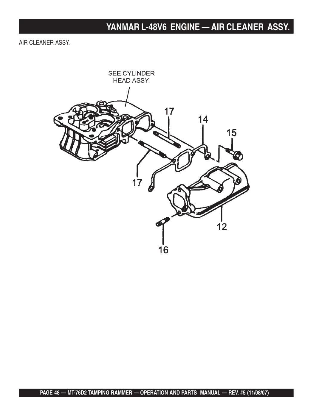 Multiquip MT-76D2 manual Yanmar L-48V6 Engine AIR Cleaner Assy 