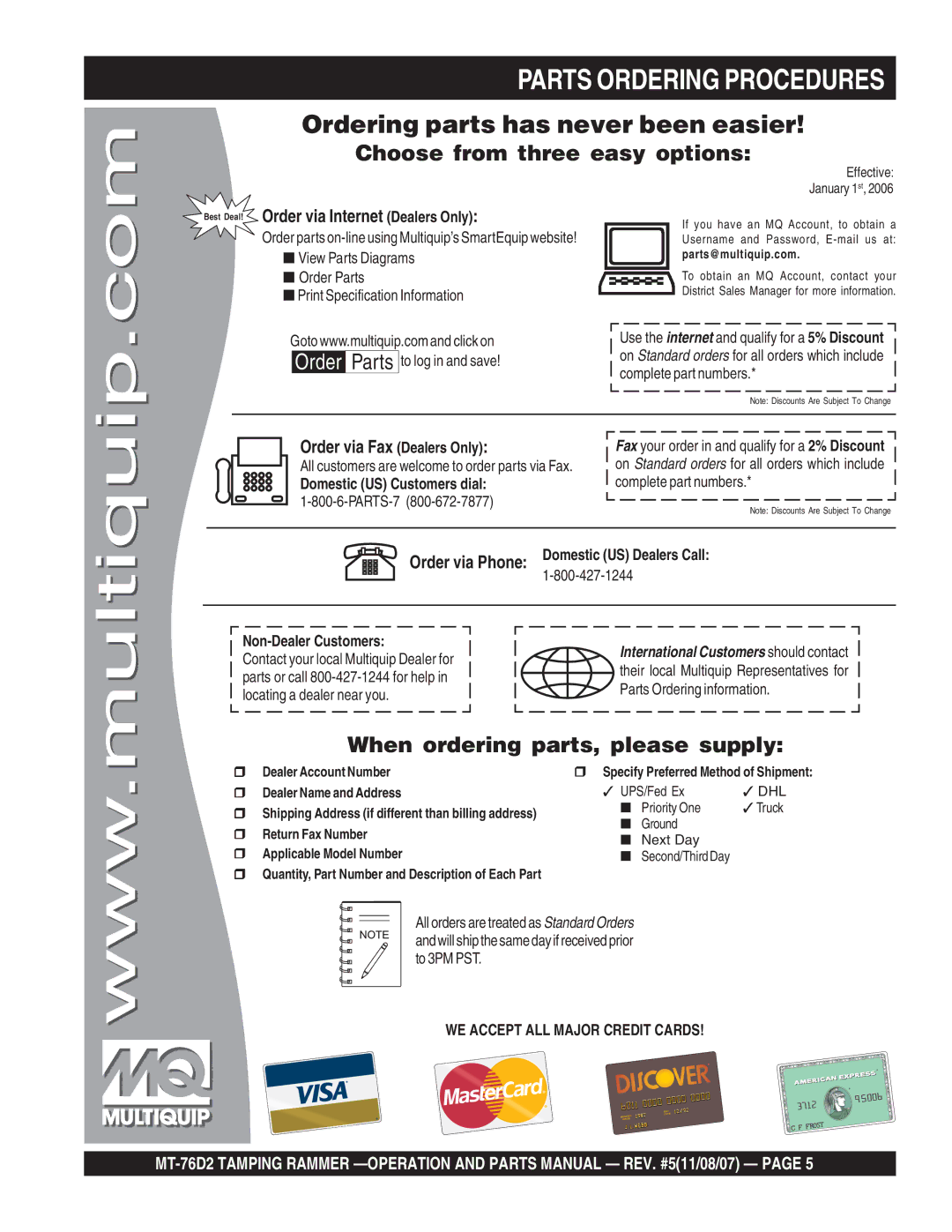 Multiquip MT-76D2 manual Parts Ordering Procedures, Best Deal! Order via Internet Dealers Only, Order via Fax Dealers Only 