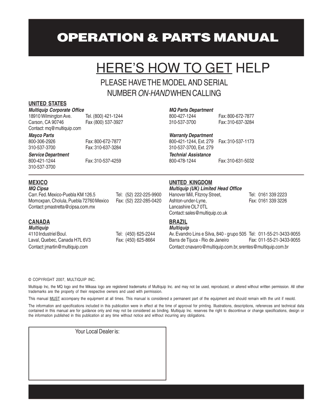 Multiquip MT-76D2 manual Heres HOW to GET Help 