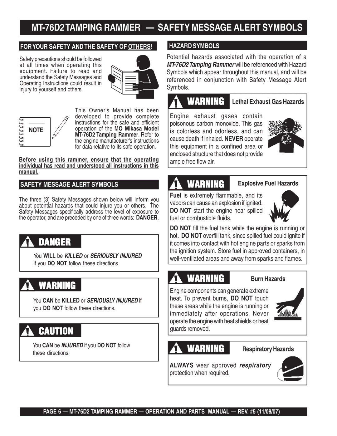 Multiquip manual MT-76D2TAMPING Rammer Safety Message Alert Symbols, Hazard Symbols 