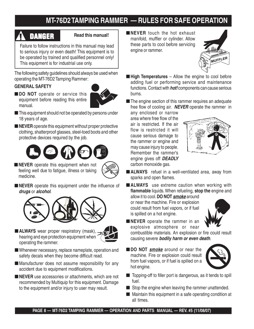 Multiquip MT-76D2TAMPING Rammer Rules for Safe Operation, Read this manual 