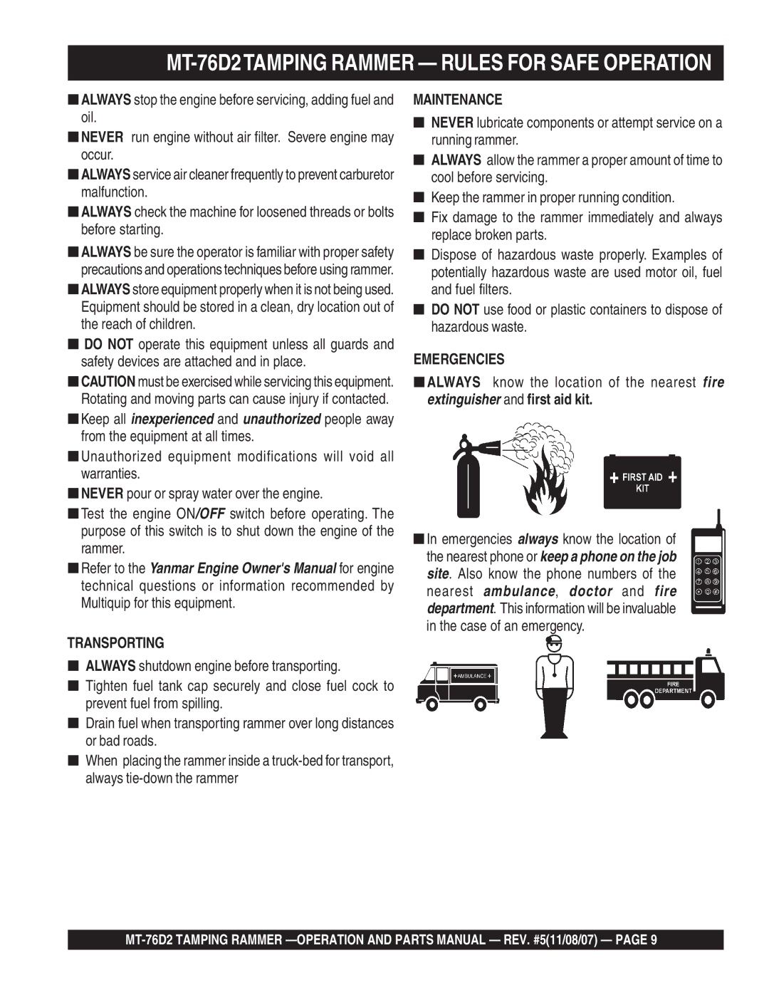 Multiquip manual MT-76D2TAMPING Rammer Rules for Safe Operation, Transporting 