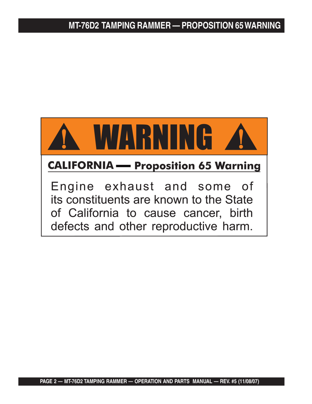 Multiquip manual MT-76D2 TAMPING RAMMER - PROPOSITION 65WARNING 