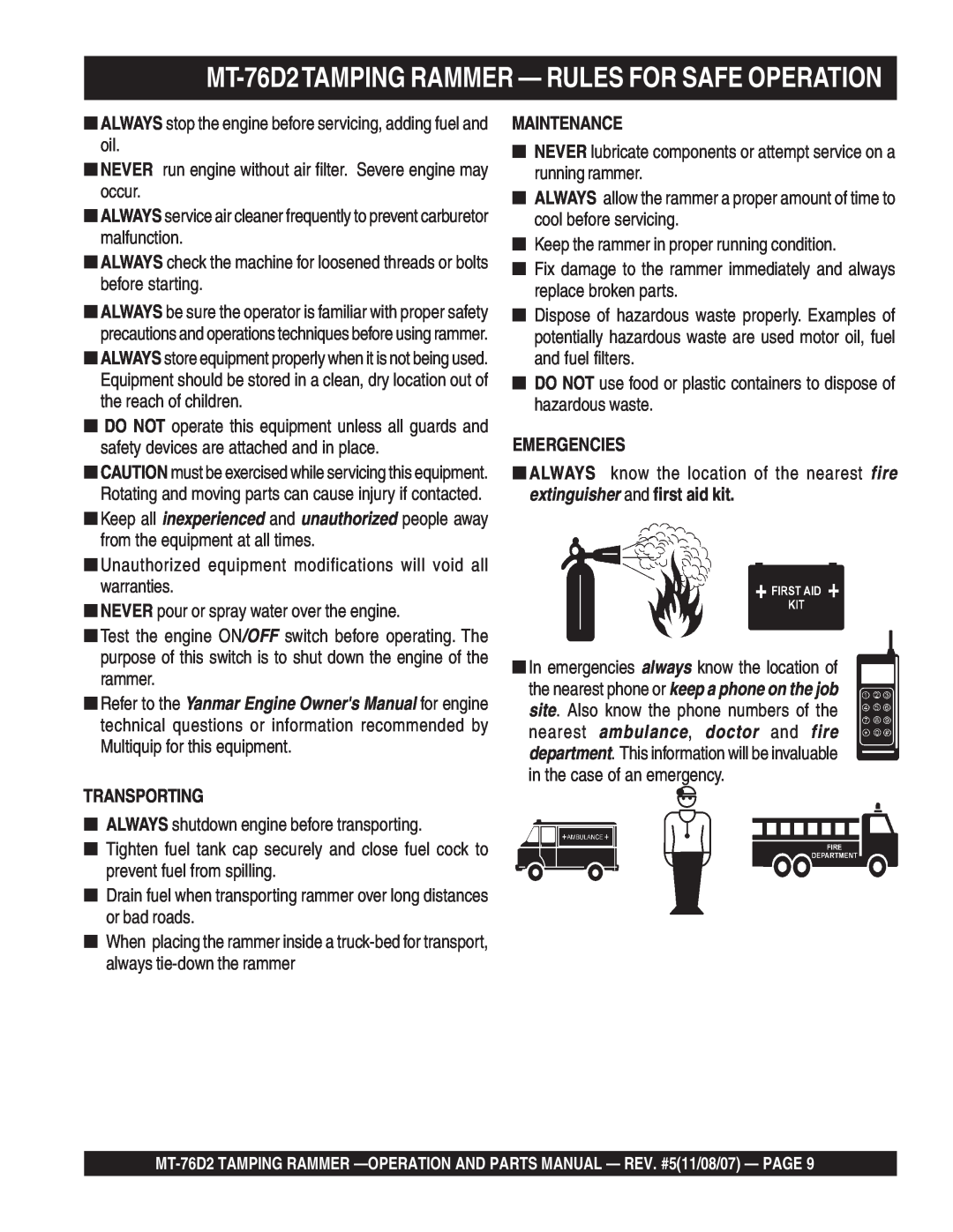 Multiquip manual MT-76D2TAMPING RAMMER - RULES FOR SAFE OPERATION, Transporting, Maintenance, Emergencies 