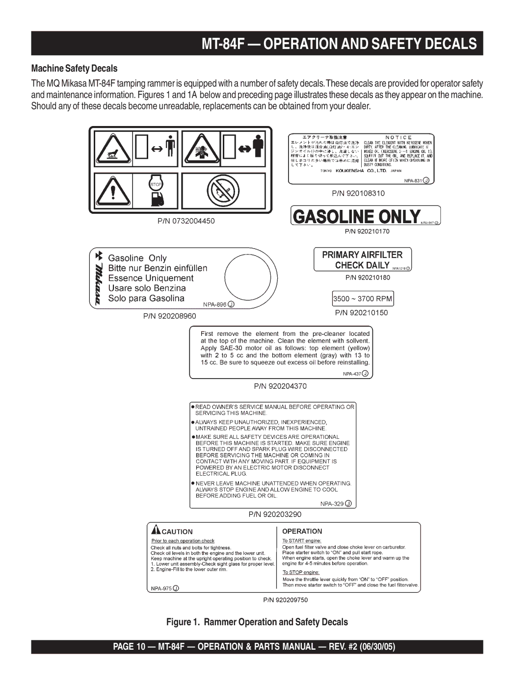 Multiquip MT-84F manual Machine Safety Decals, Rammer Operation and Safety Decals 