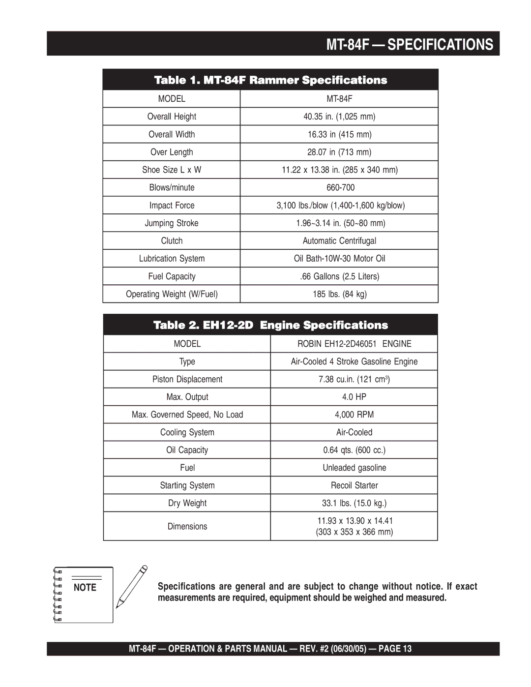 Multiquip manual MT-84F Specifications 