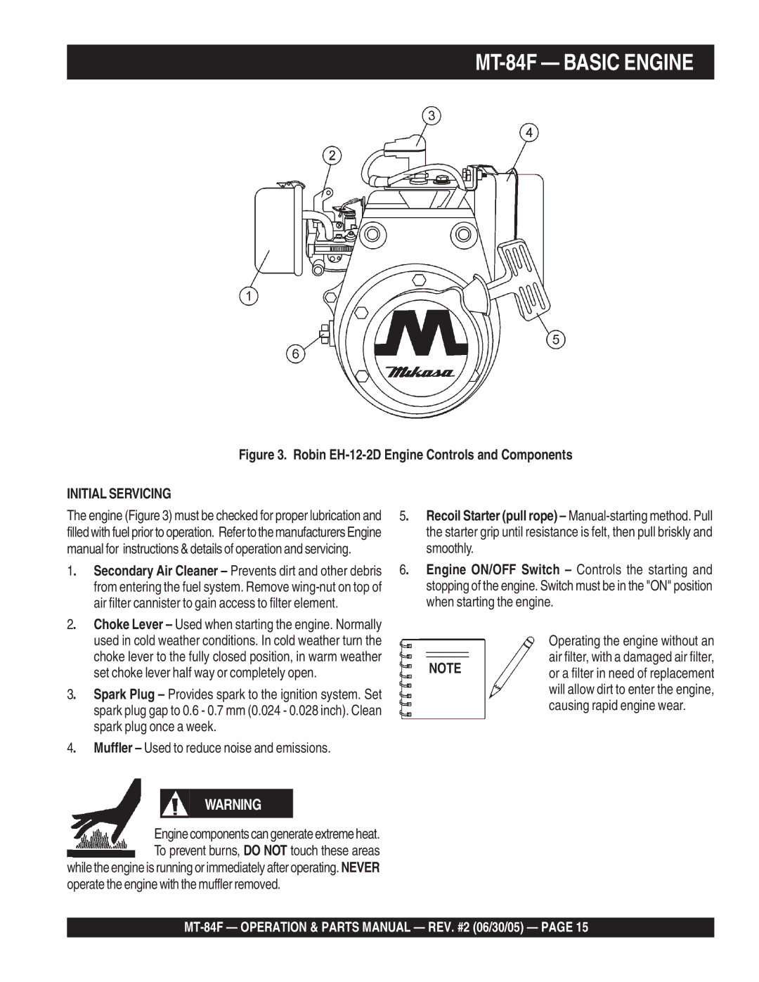 Multiquip manual MT-84F Basic Engine, Robin EH-12-2D Engine Controls and Components 