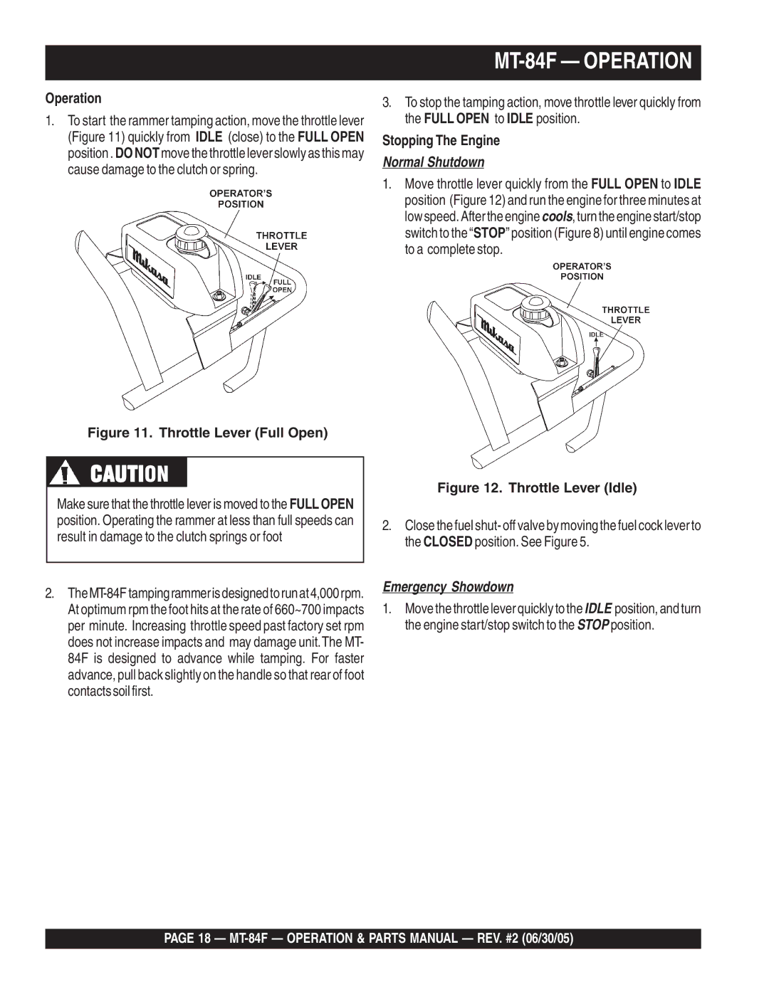 Multiquip MT-84F manual Operation, Stopping The Engine 