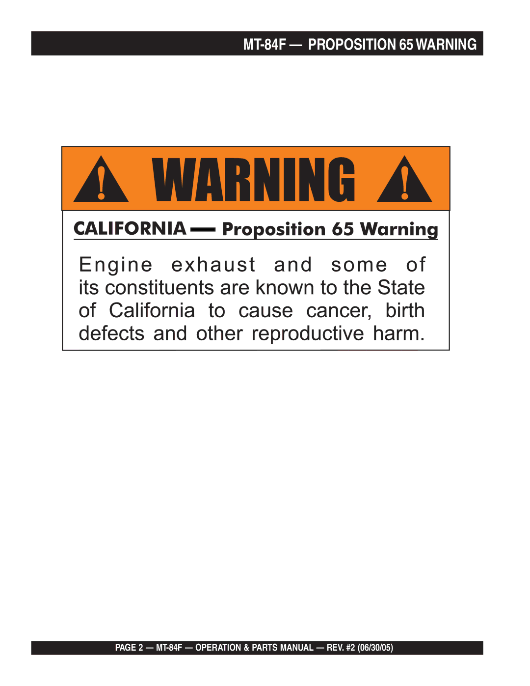 Multiquip manual MT-84F Proposition 65 Warning 