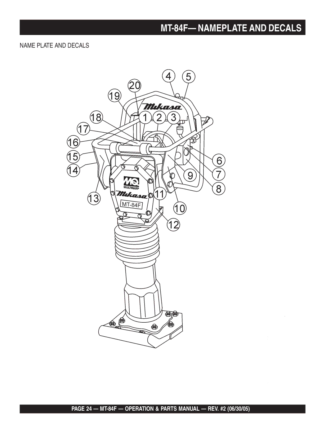 Multiquip manual MT-84F- Nameplate and Decals 