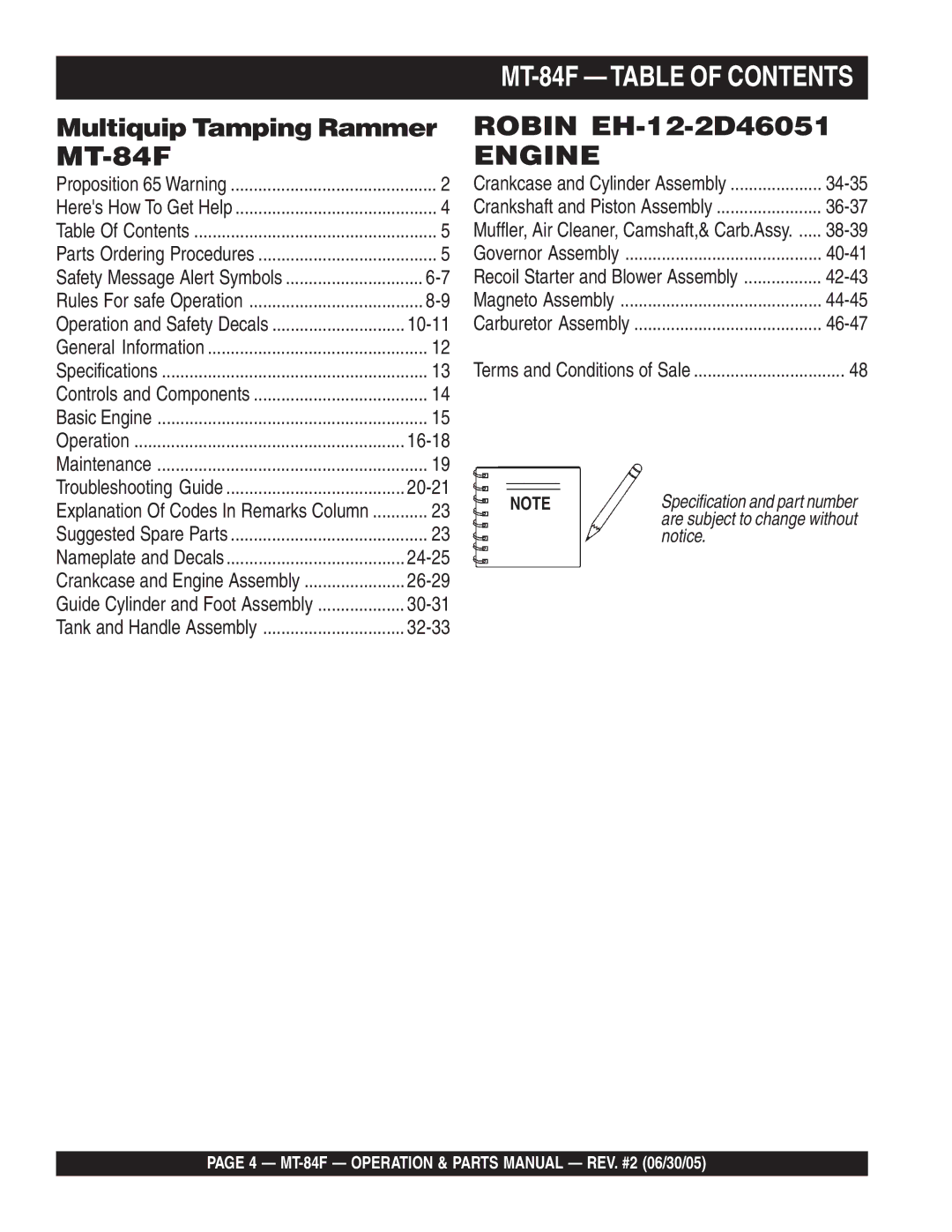 Multiquip manual MT-84F Table of Contents 