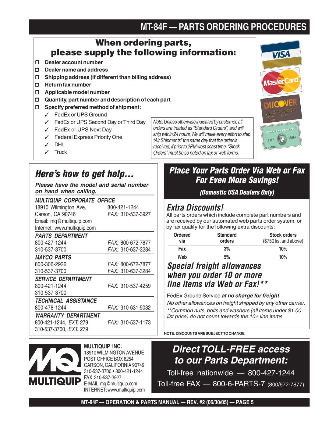 Multiquip manual MT-84F Parts Ordering Procedures, When ordering parts Please supply the following information 