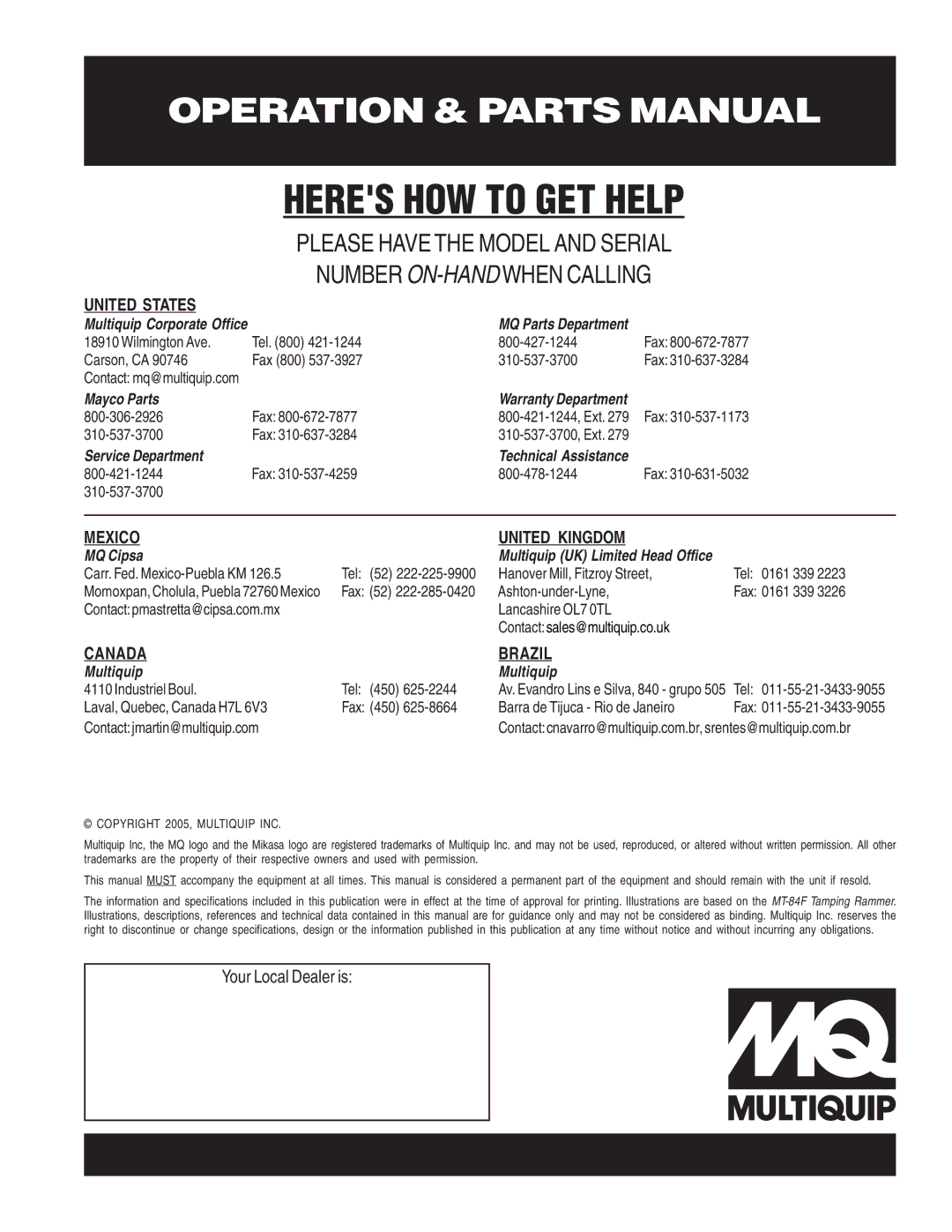 Multiquip MT-84F manual Heres HOW to GET Help 