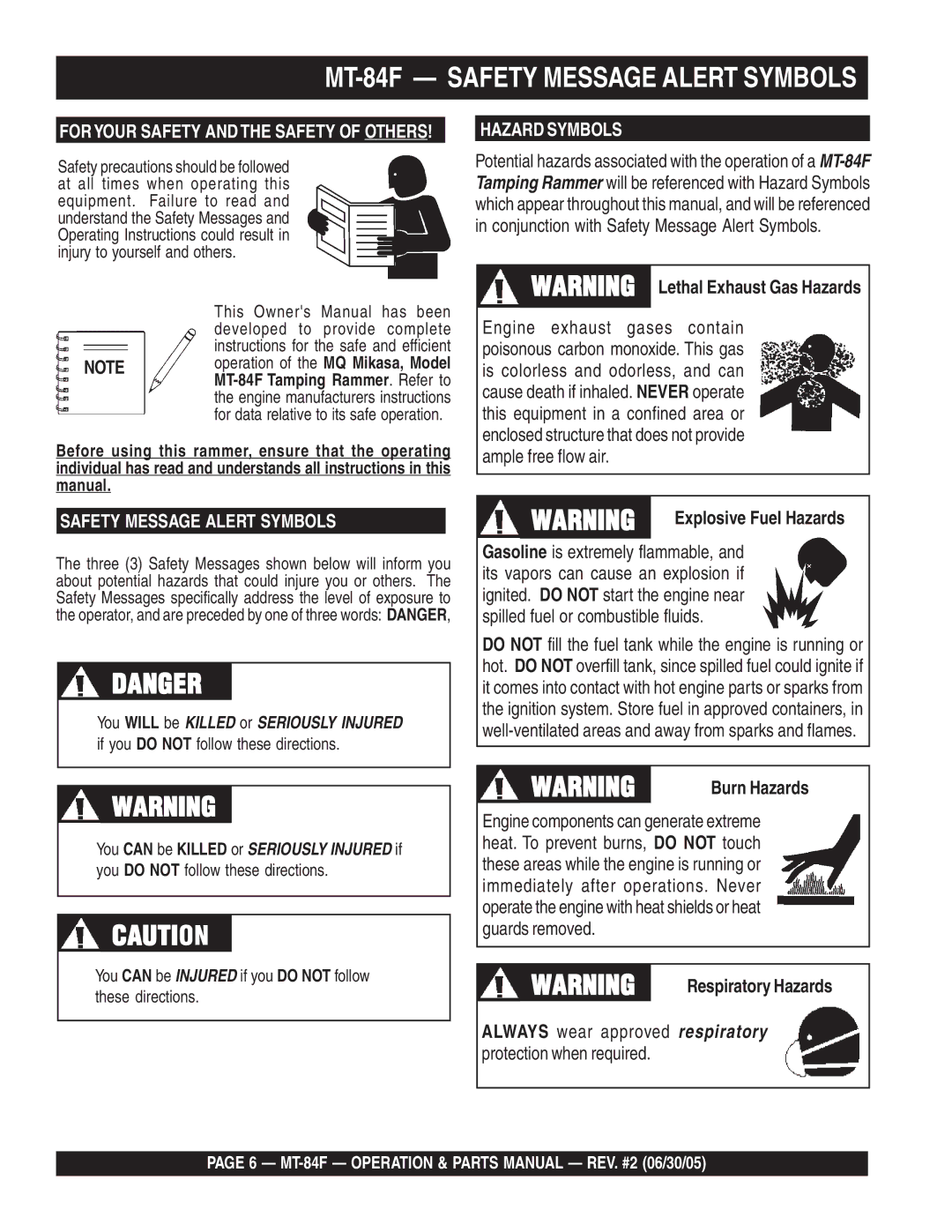 Multiquip manual MT-84F Safety Message Alert Symbols 