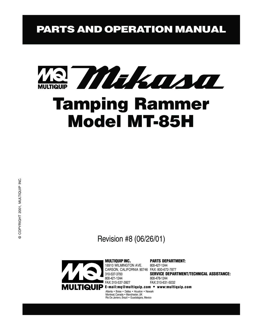 Multiquip operation manual Tamping Rammer Model MT-85H 