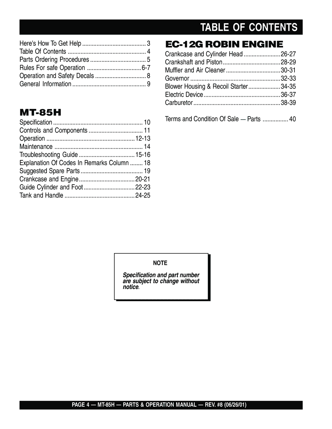 Multiquip MT-85H operation manual Table of Contents 