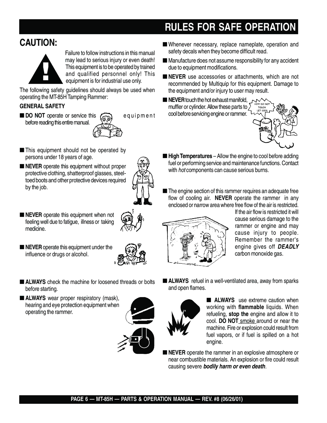 Multiquip MT-85H operation manual Rules for Safe Operation 