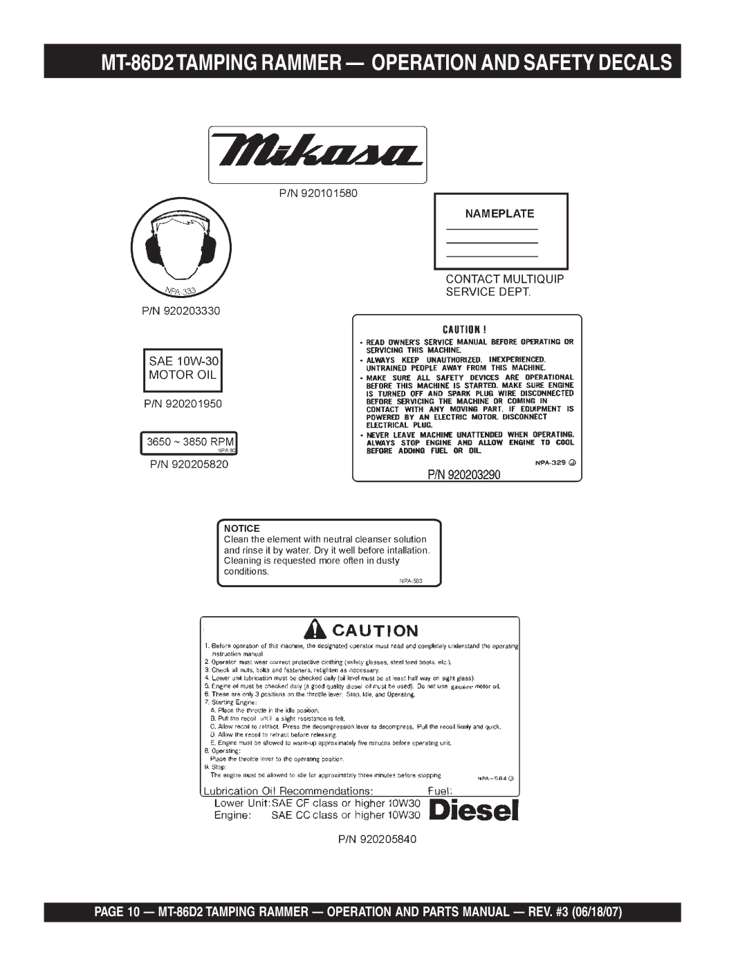 Multiquip operation manual MT-86D2TAMPING Rammer Operation and Safety Decals 