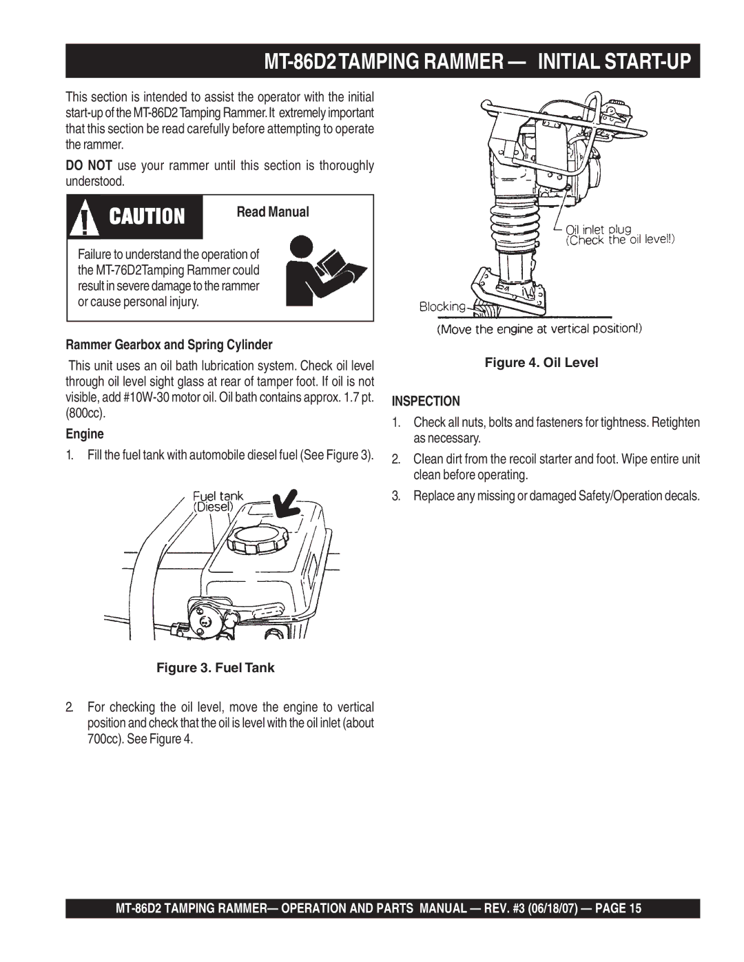 Multiquip operation manual MT-86D2TAMPING Rammer Initial START-UP, Engine 