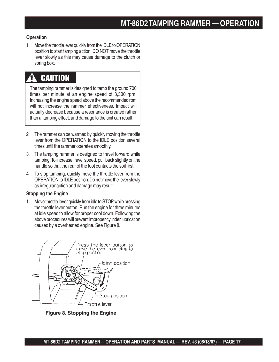 Multiquip operation manual MT-86D2TAMPING Rammer Operation, Stopping the Engine 