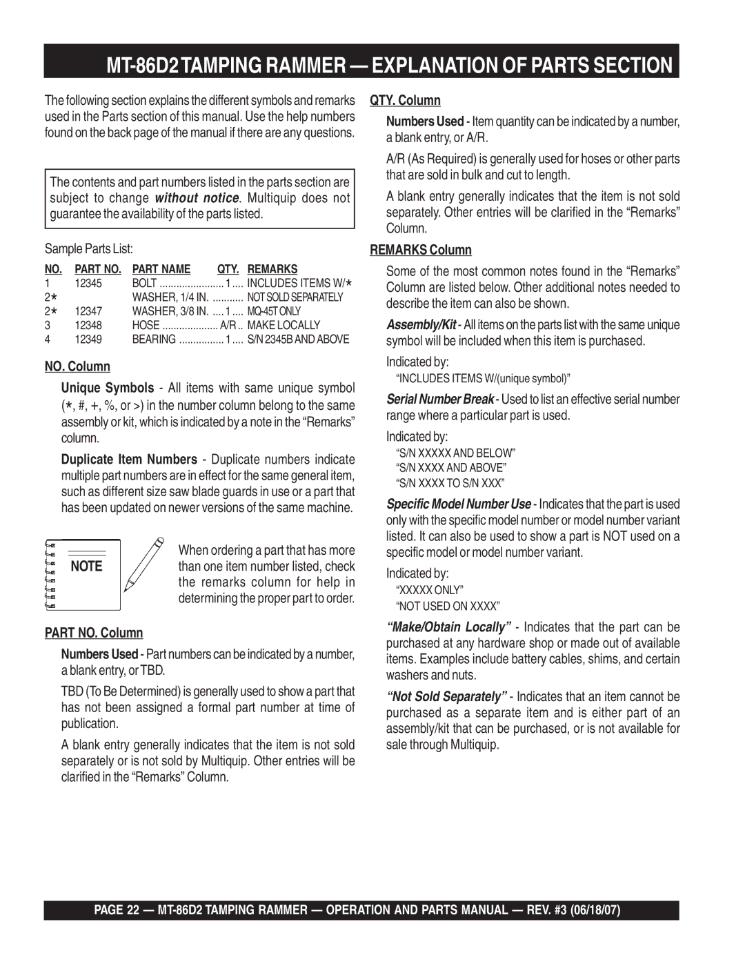 Multiquip MT-86D2TAMPING Rammer Explanation of Parts Section, Part NO. Column, QTY. Column, Remarks Column 