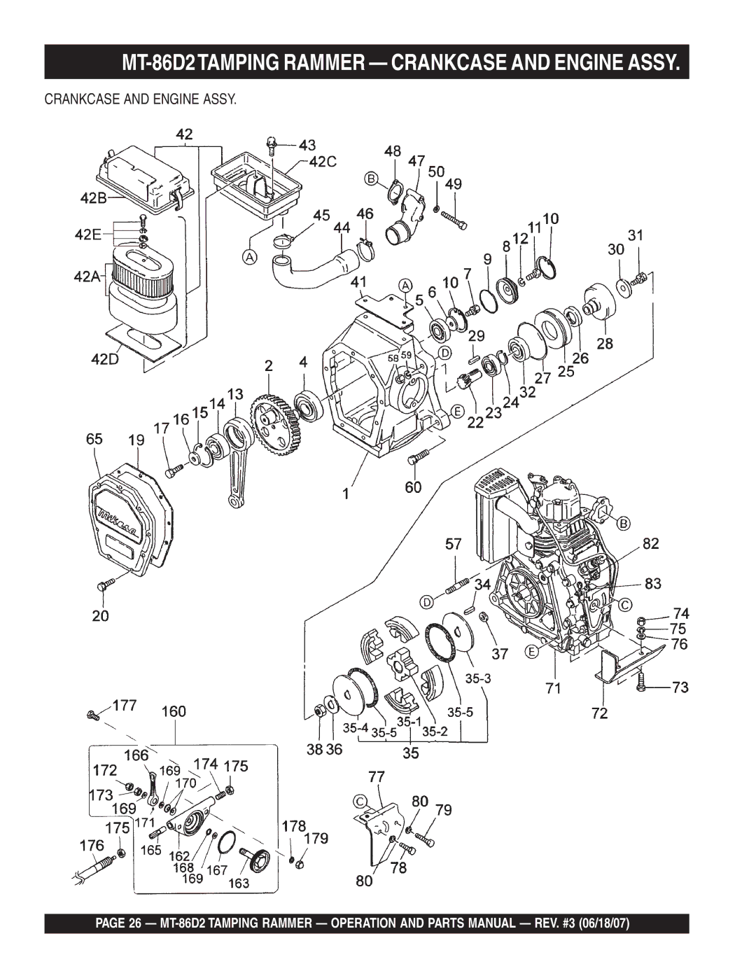 Multiquip operation manual MT-86D2TAMPING Rammer Crankcase and Engine Assy 