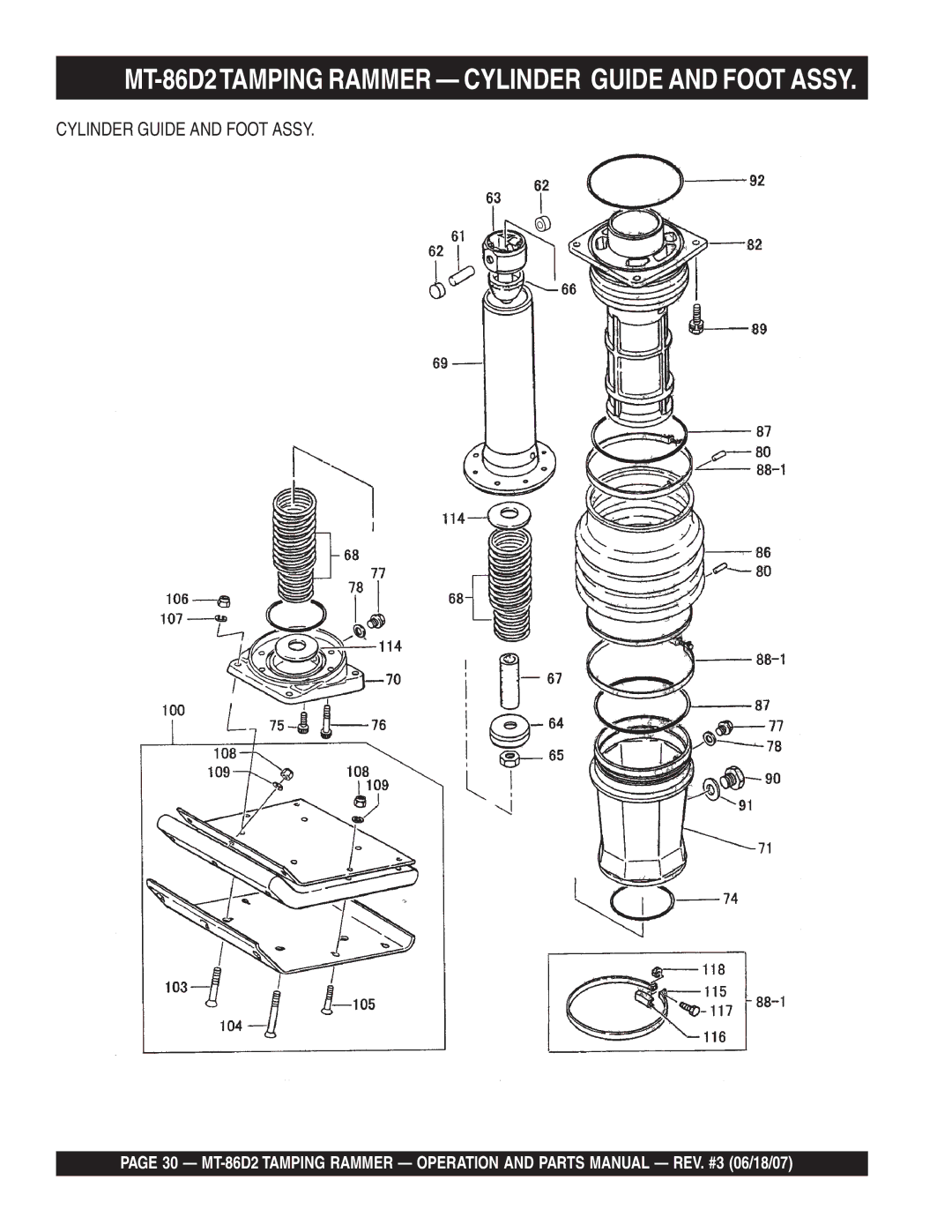 Multiquip operation manual MT-86D2TAMPING Rammer Cylinder Guide and Foot Assy 