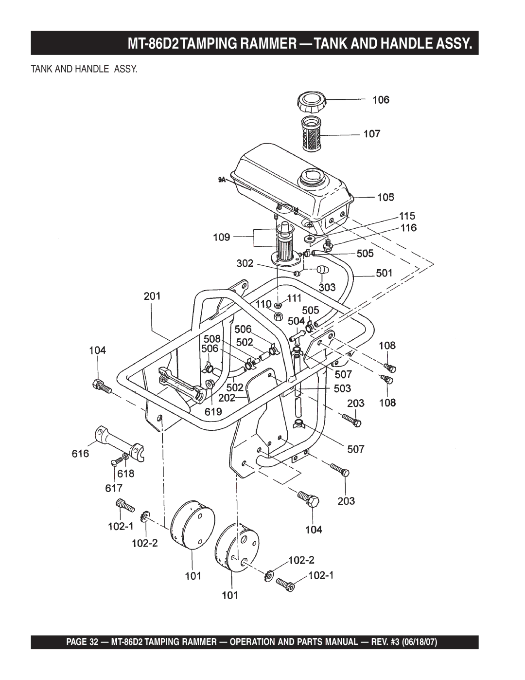 Multiquip operation manual MT-86D2TAMPING Rammer -TANK and Handle Assy 