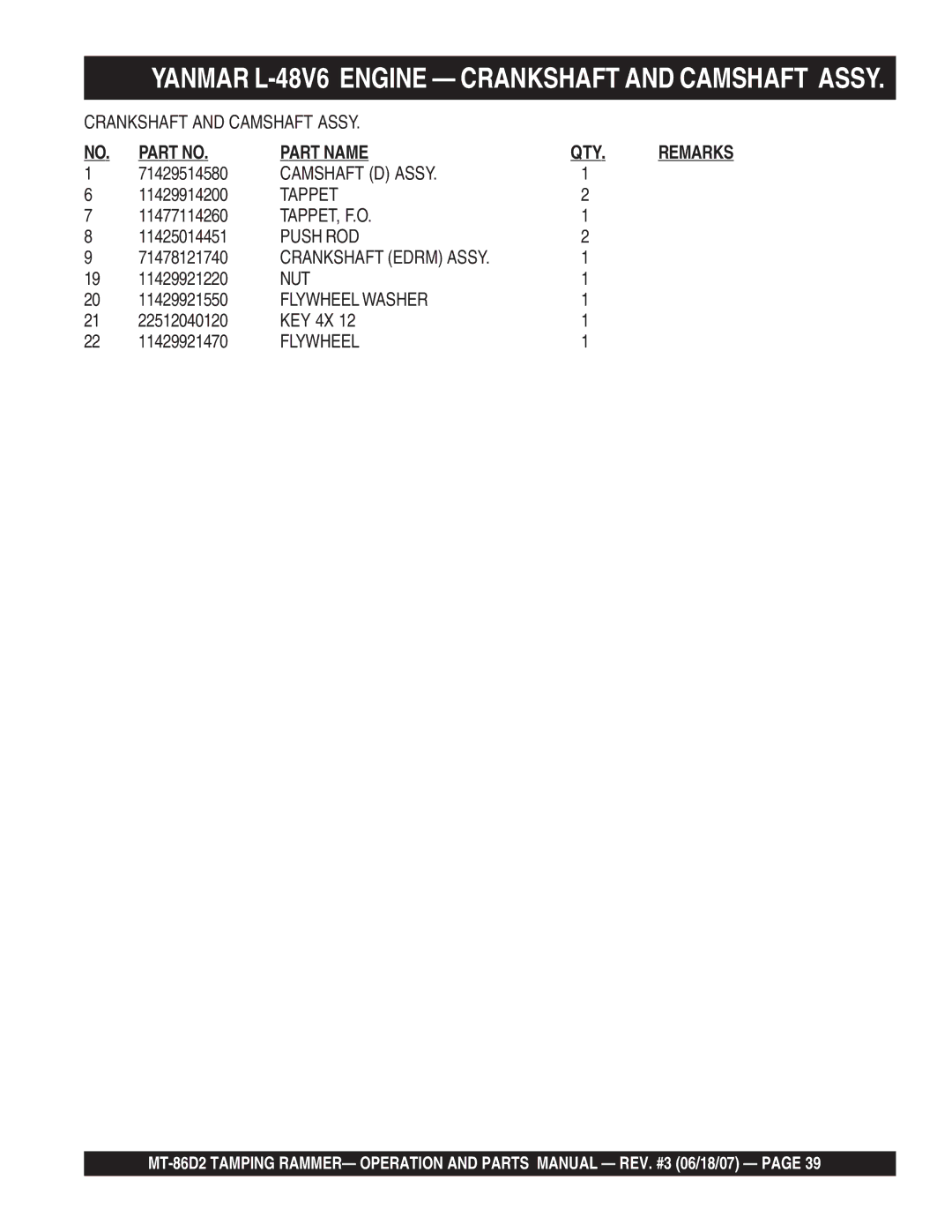 Multiquip MT-86D2 operation manual Yanmar L-48V6 Engine Crankshaft and Camshaft Assy 