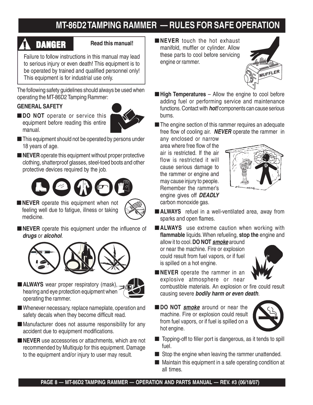 Multiquip operation manual MT-86D2TAMPING Rammer Rules for Safe Operation, Read this manual 