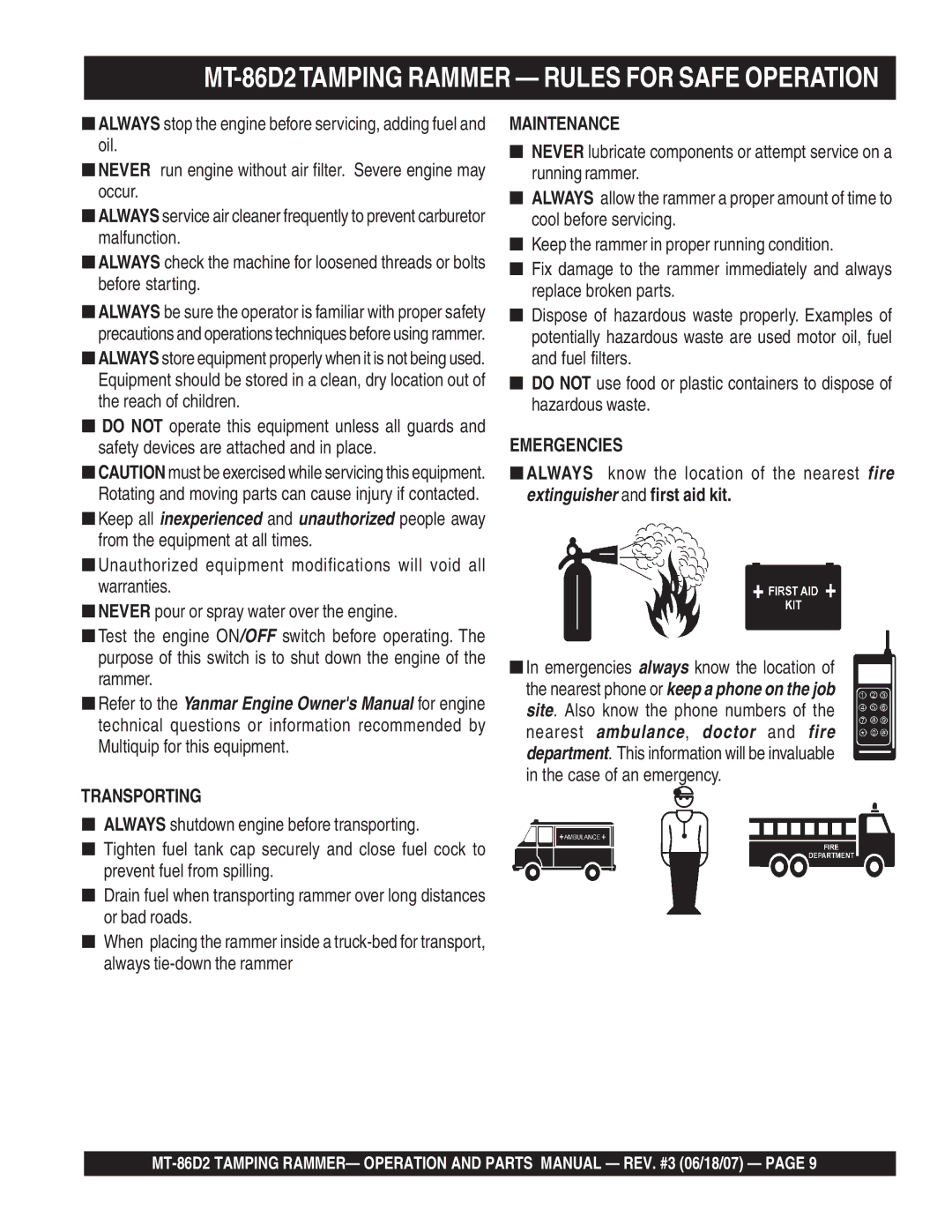 Multiquip operation manual MT-86D2TAMPING Rammer Rules for Safe Operation, Transporting 