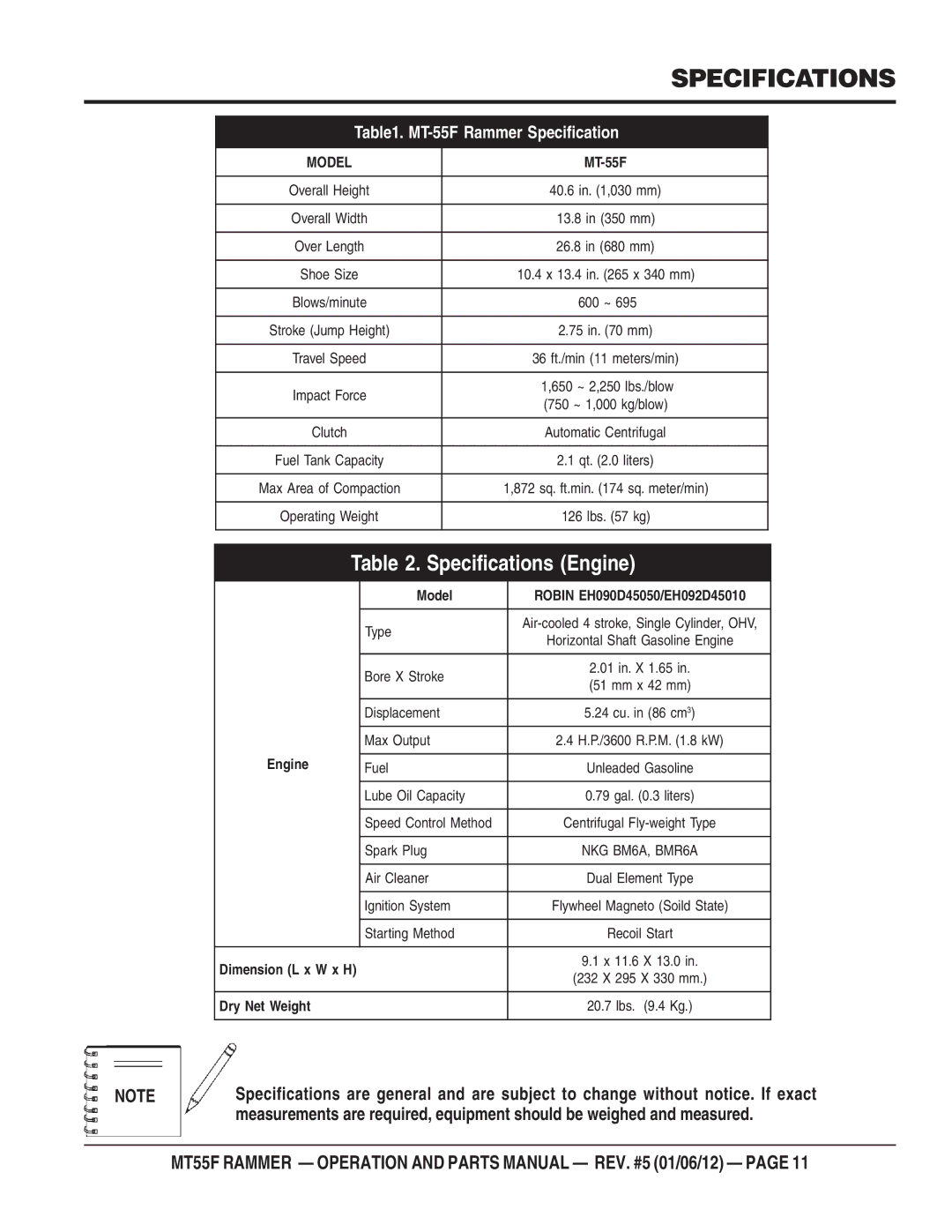 Multiquip MT55F manual MT-55F Rammer Specifications 