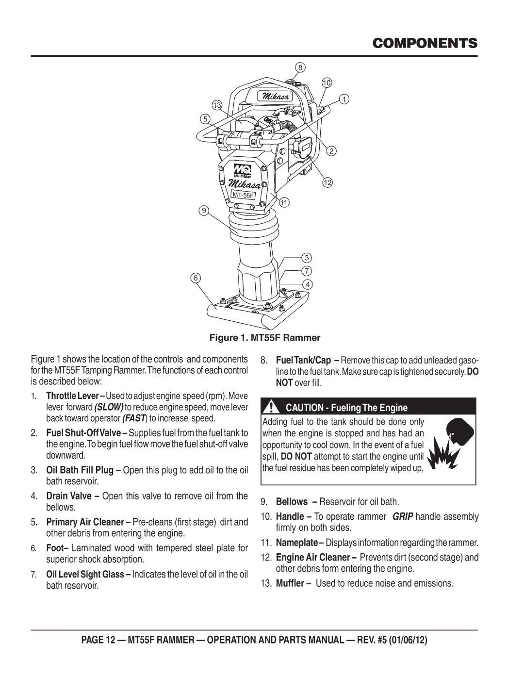 Multiquip manual Components, MT55F Rammer 