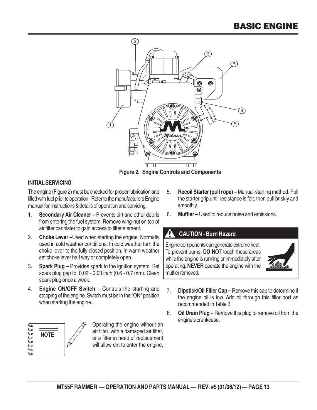 Multiquip MT55F manual Basic Engine, Initial Servicing 