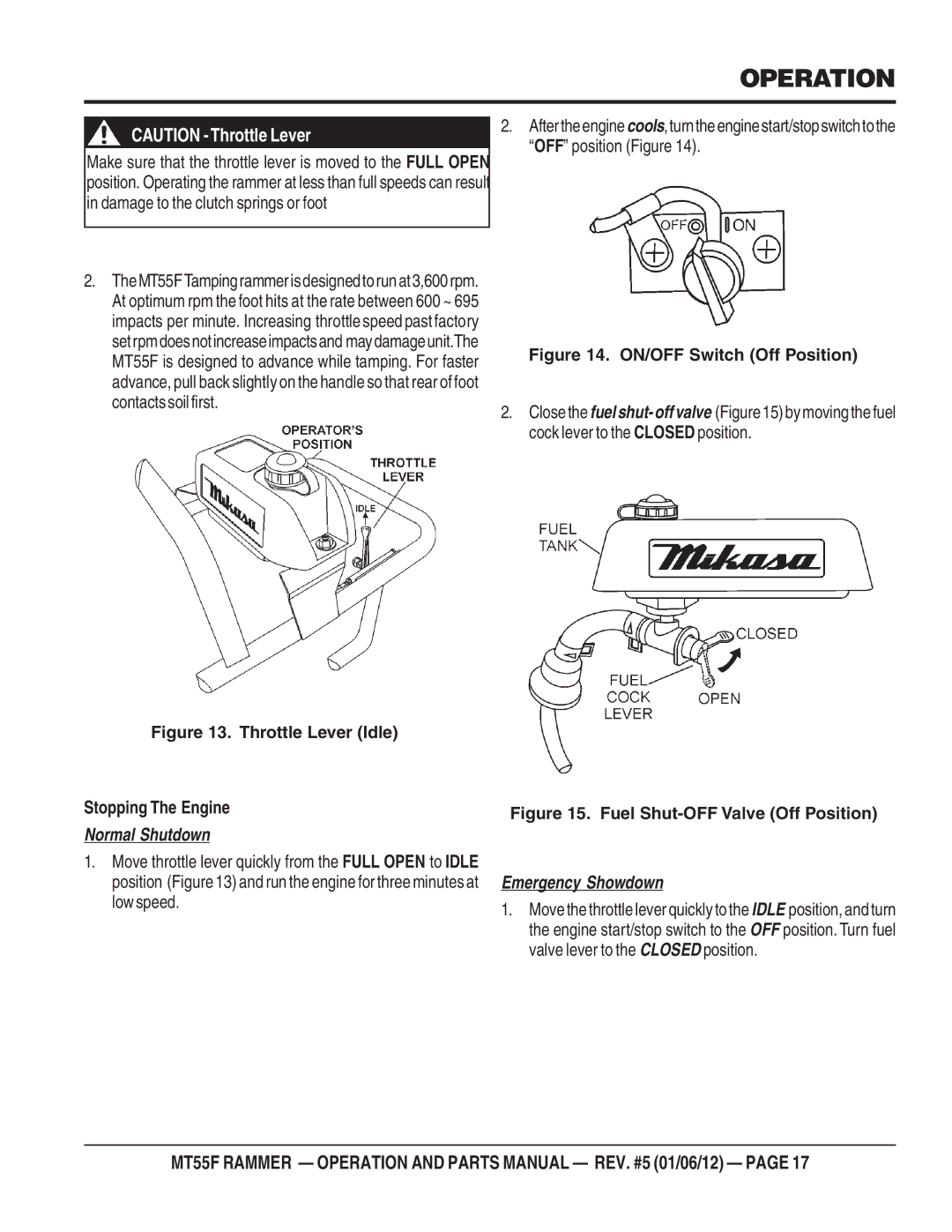 Multiquip MT55F manual Normal Shutdown 