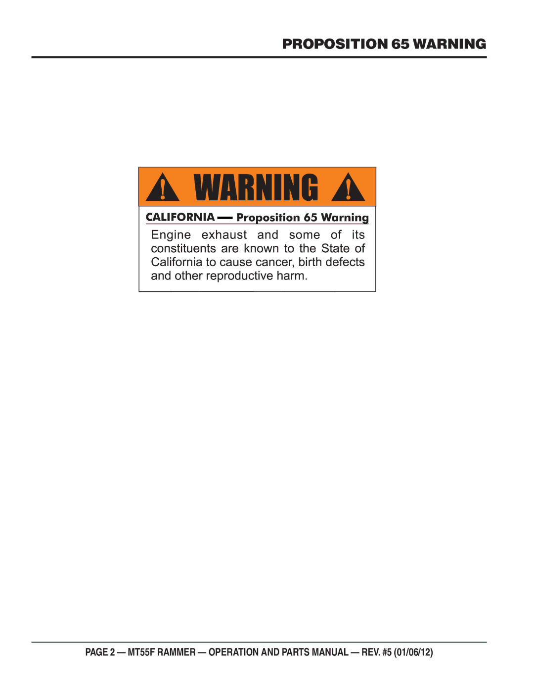 Multiquip MT55F manual Proposition 65 Warning 