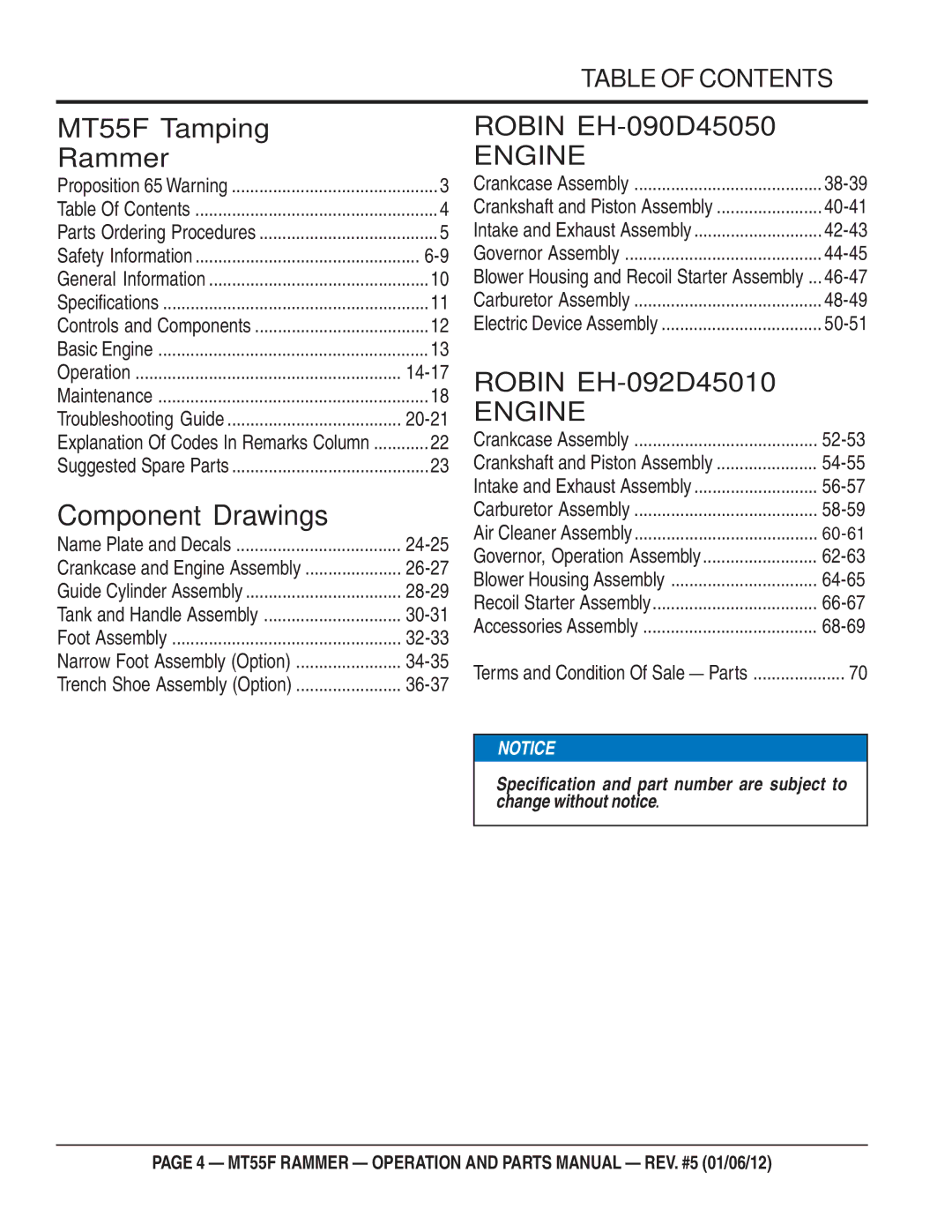 Multiquip manual MT55F Tamping Rammer, Table of Contents 