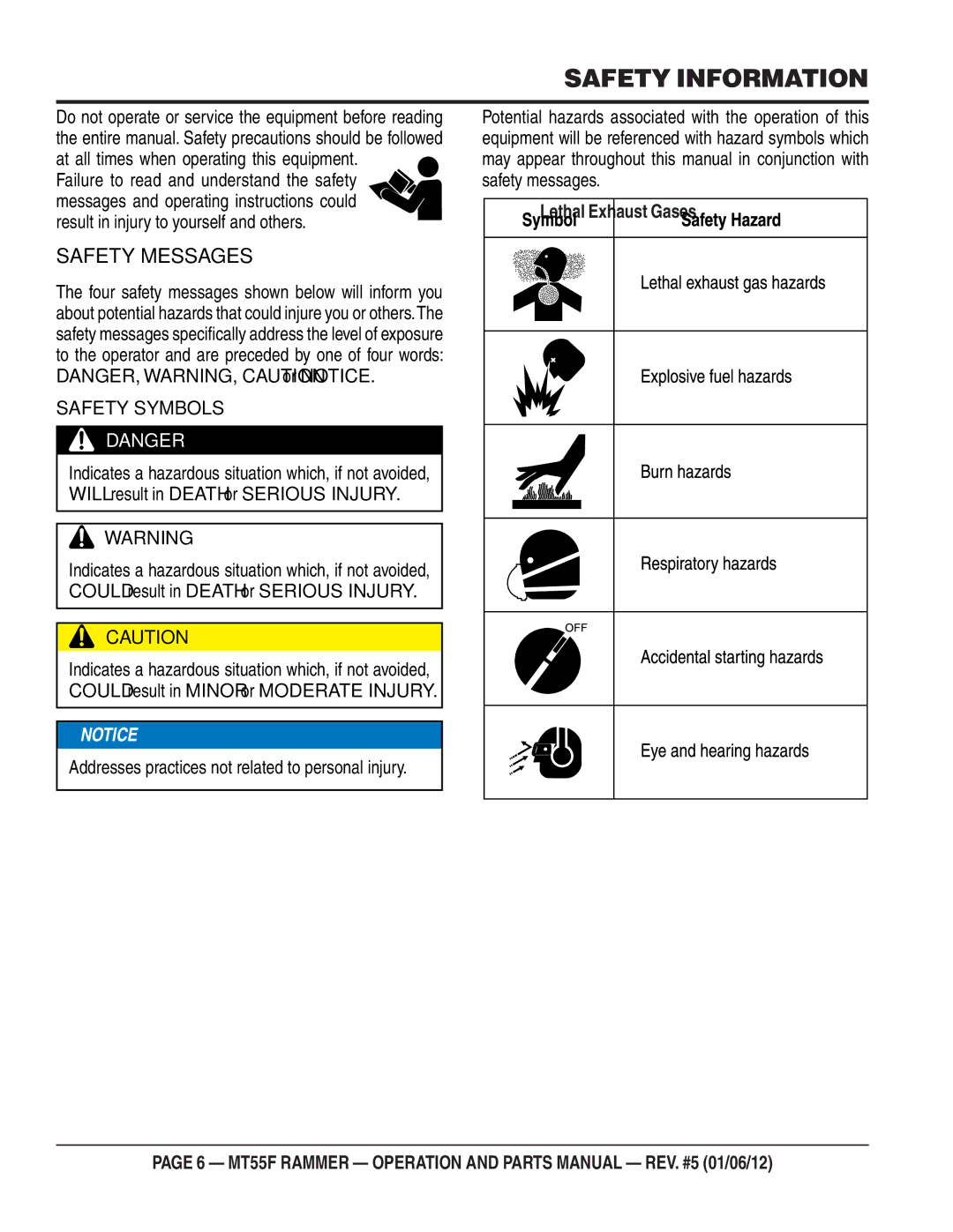 Multiquip MT55F manual Safety Information, Safety Messages 