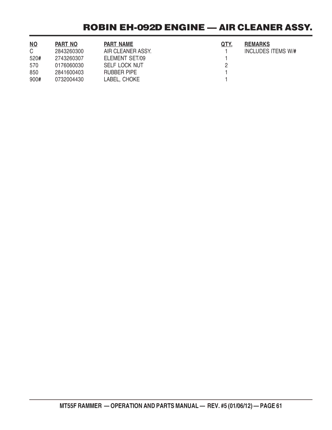 Multiquip MT55F manual Part Name 