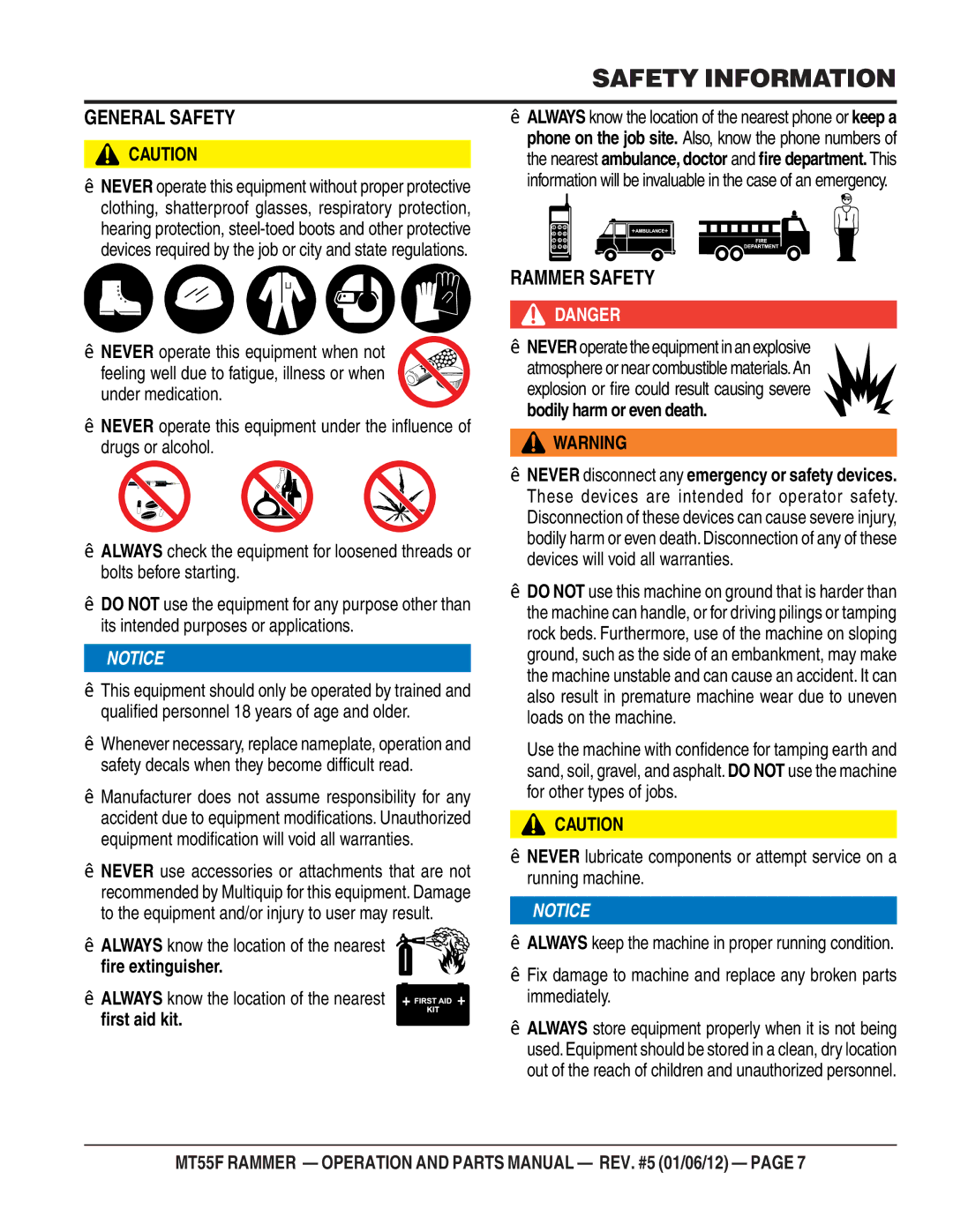 Multiquip MT55F manual General Safety 