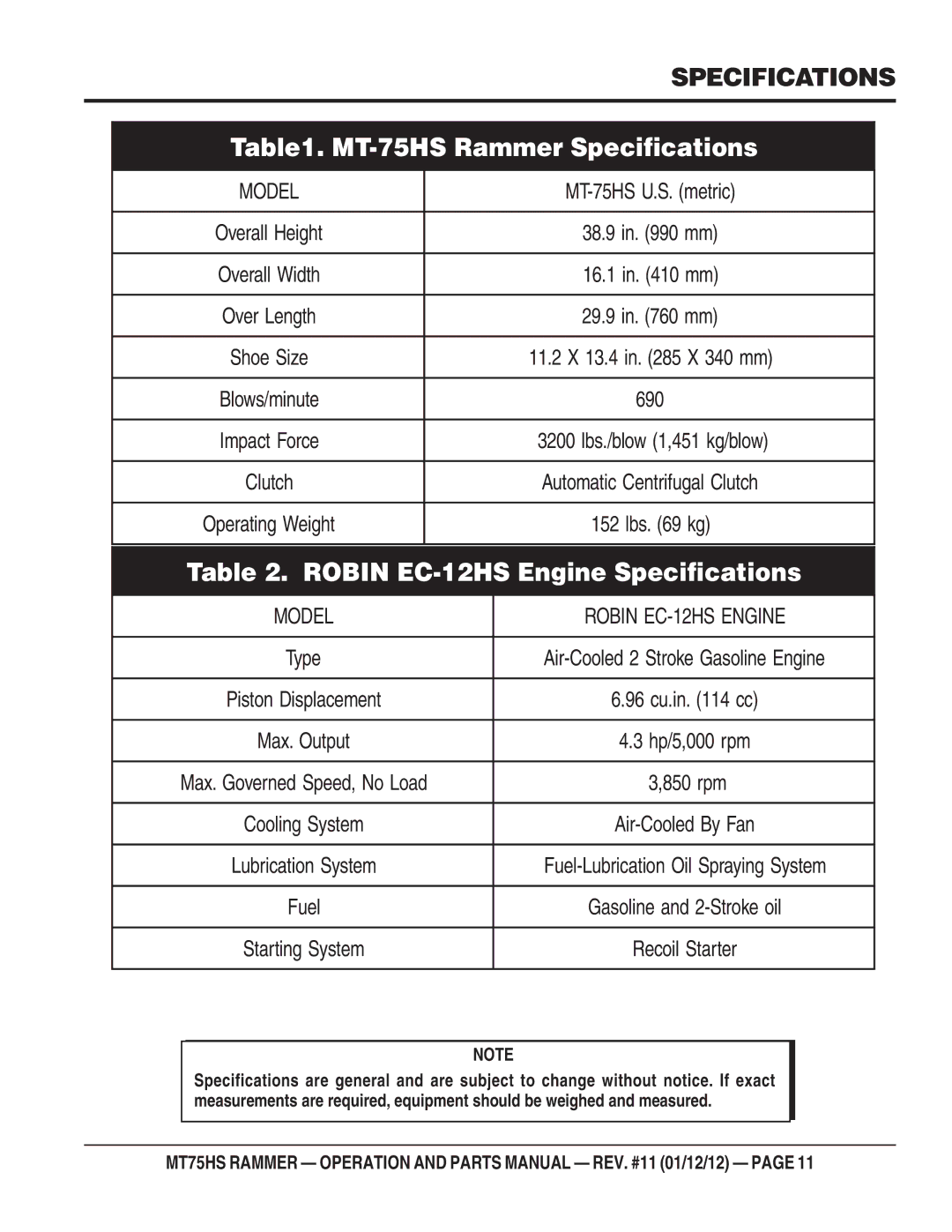 Multiquip MT75HS operation manual MT-75HS Rammer Specifications 