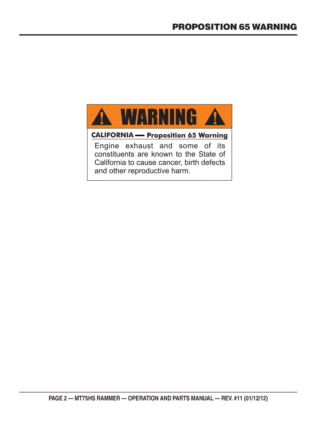 Multiquip MT75HS operation manual Proposition 65 Warning 