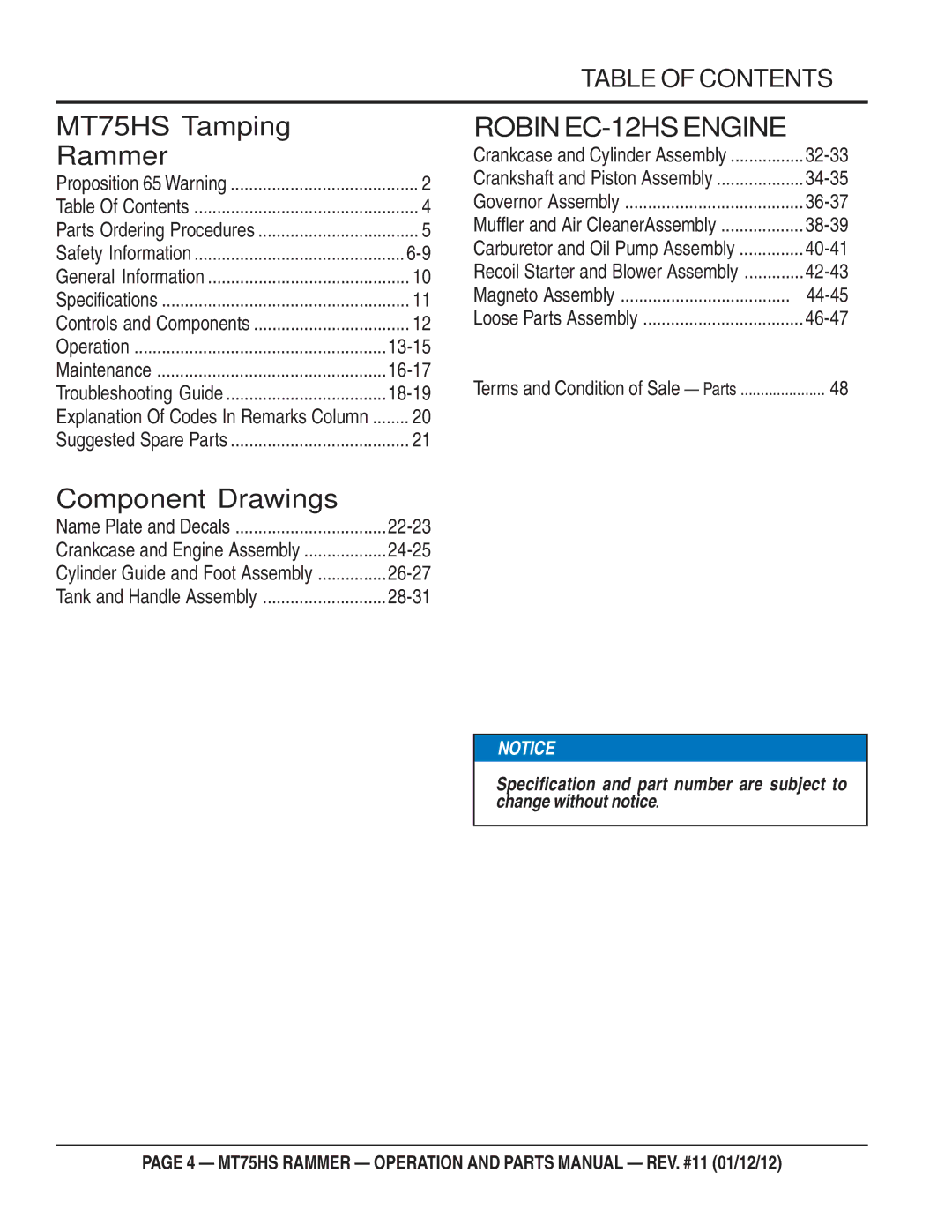 Multiquip MT75HS operation manual Robin EC-12HS Engine, Table of Contents 