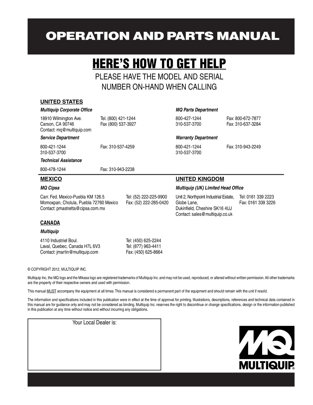 Multiquip MT75HS operation manual HERE’S HOW to GET Help 