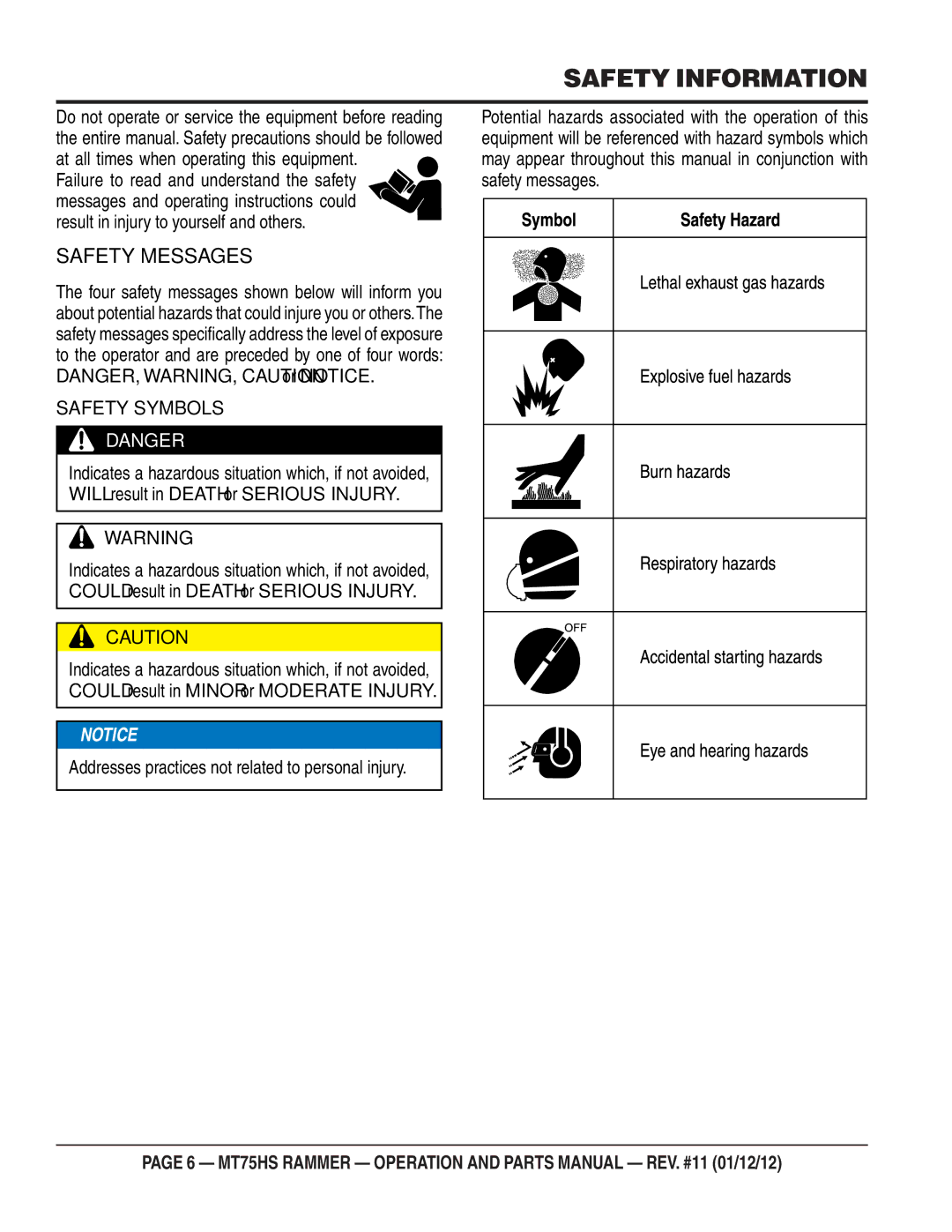 Multiquip MT75HS operation manual Safety Information, Safety Messages 