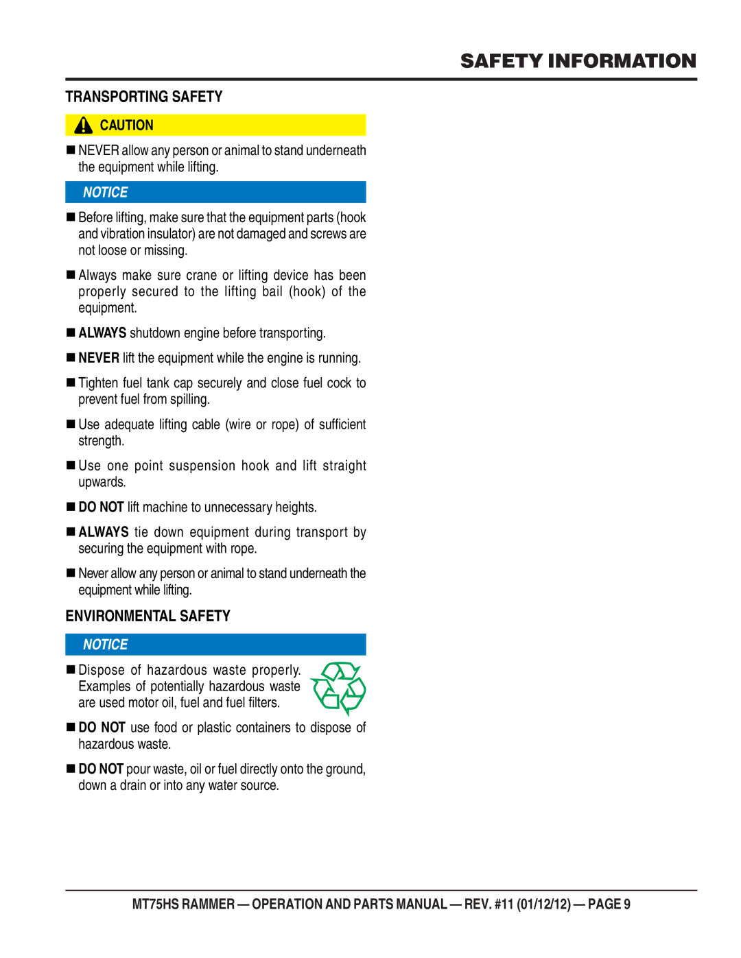 Multiquip MT75HS operation manual Transporting Safety 