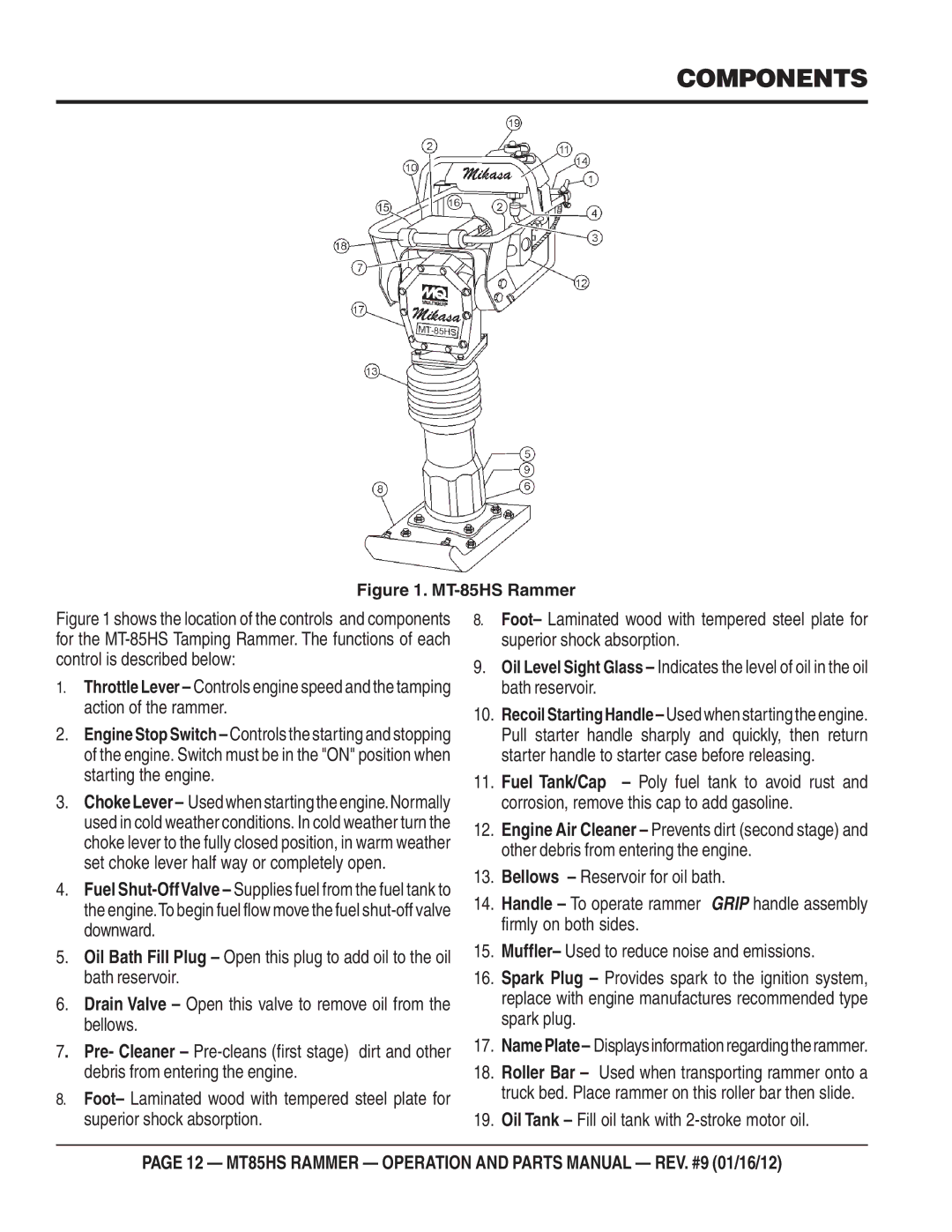 Multiquip MT85HS operation manual Components, MT-85HS Rammer 